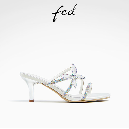 fed法式高跟凉鞋夏季新款女鞋蝴蝶半拖白色凉拖鞋女D0610-ZCA595