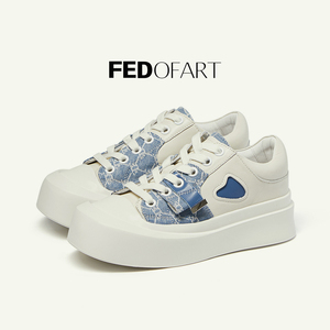 fed精致运动秋季女鞋松糕厚底运动休闲鞋女潮鞋羊皮帆布鞋板鞋女