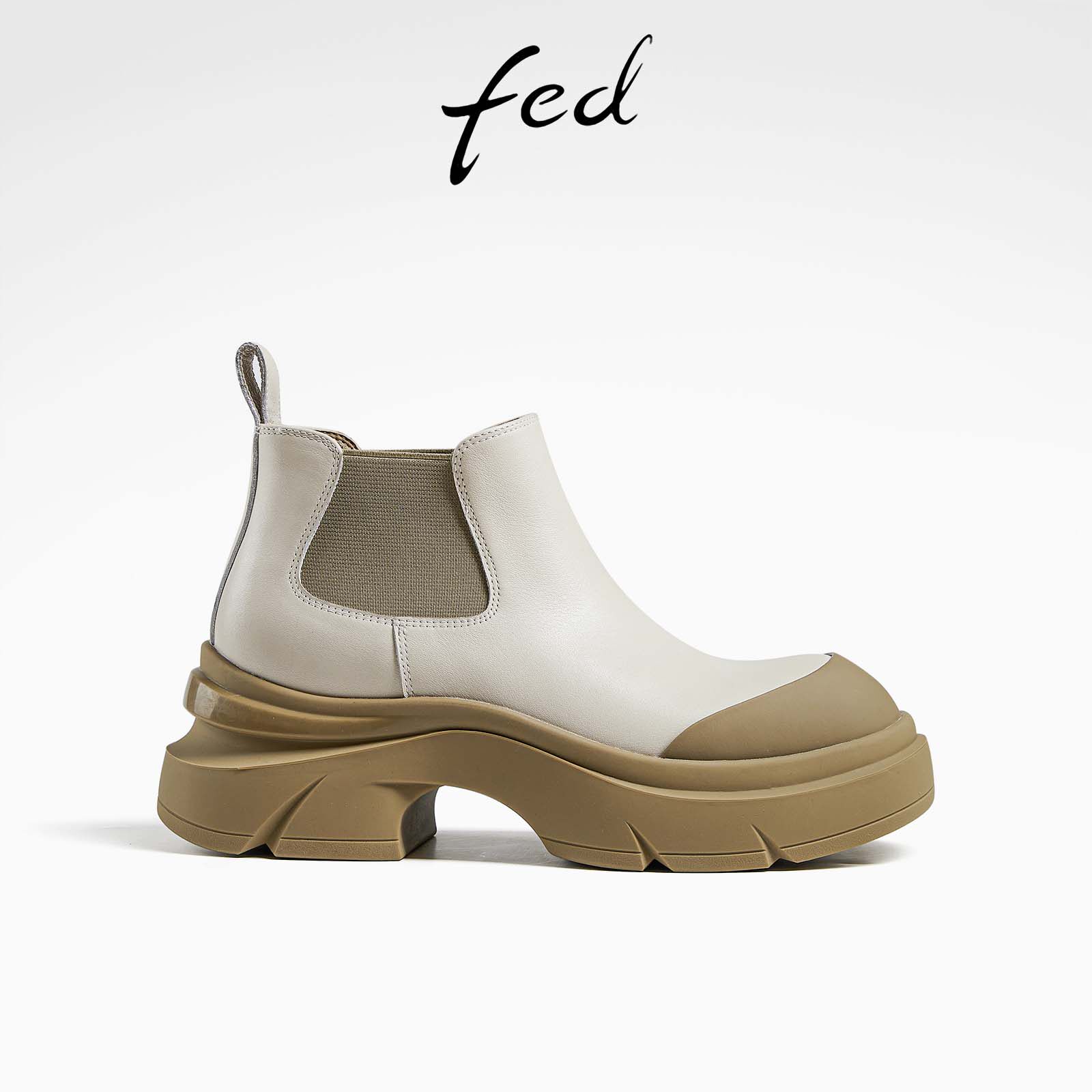 fed头层牛皮秋冬女鞋松糕厚底真皮休闲靴子女短靴及踝靴马丁靴女