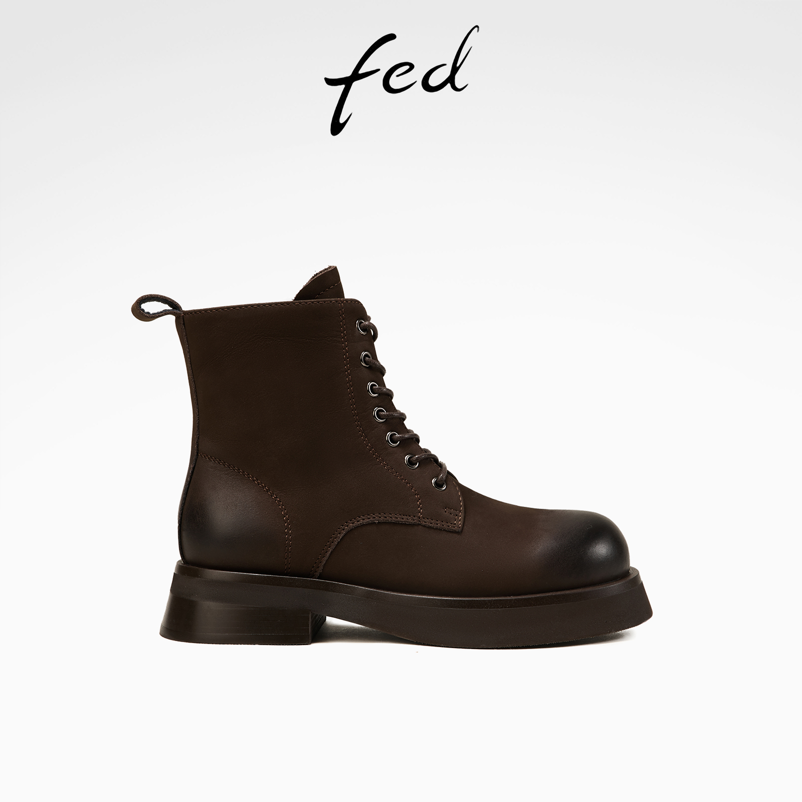 fed磨砂头层牛皮秋冬女鞋高级感真皮复古粗跟靴子女短靴马丁靴女