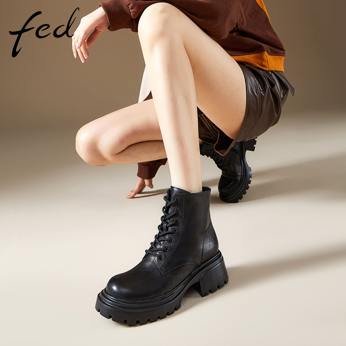 fed百搭经典全真皮复古秋冬女鞋增高粗跟厚底靴子女短靴马丁靴女