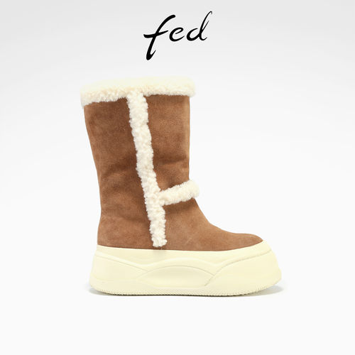 fed高丝光反绒皮真皮加绒保暖秋冬厚底靴子女中筒靴棉靴雪地靴女