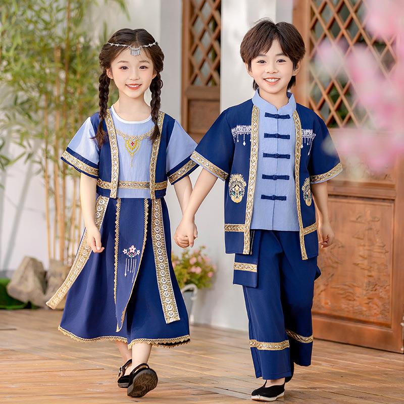 儿童演出服夏季中国风男童唐装汉服女童套装少数民族服傣族表演服