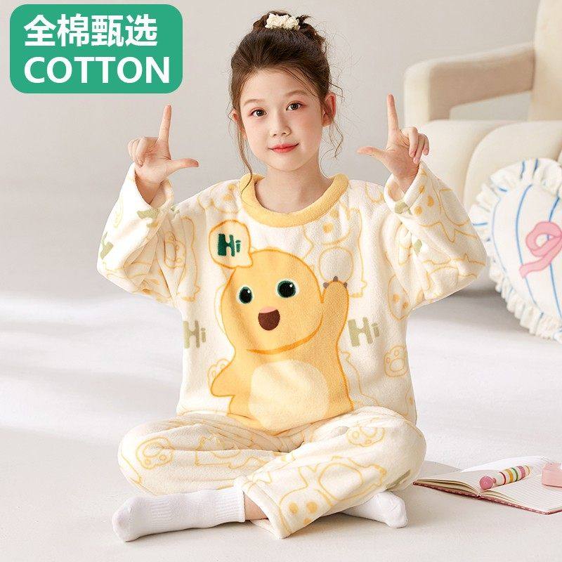 全棉母婴纯棉儿童睡衣女孩2025新款秋冬珊瑚绒薄款大童法兰绒奶龙