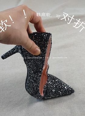 仅2对~纯原！特价~时髦性感显瘦猫跟 尖头亮片黑银真皮高跟鞋 女