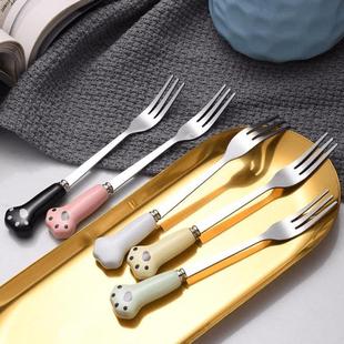 可爱精致猫爪水果叉高档不锈钢水果叉子家用月饼蛋糕叉子甜品签