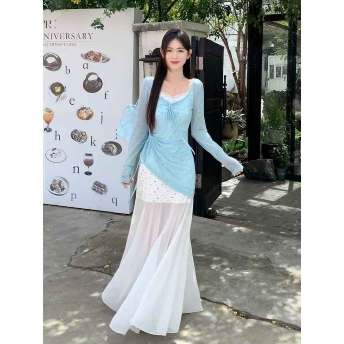 HM纯欲风收腰显瘦甜美网纱碎花吊带连衣裙罩衫上衣叠穿两件套女夏