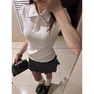 上衣 HM韩系学院风甜美辣妹polo领T恤女 夏季 2025新款 感短款