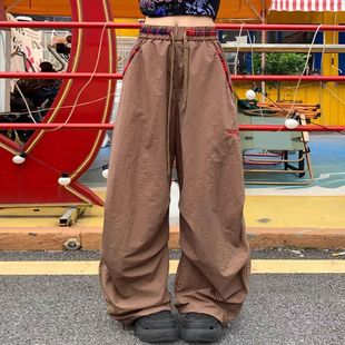 寬松顯瘦闊腿彎刀褲 HM格紋撞色傘兵工裝 女夏季 速干休閑褲 褲