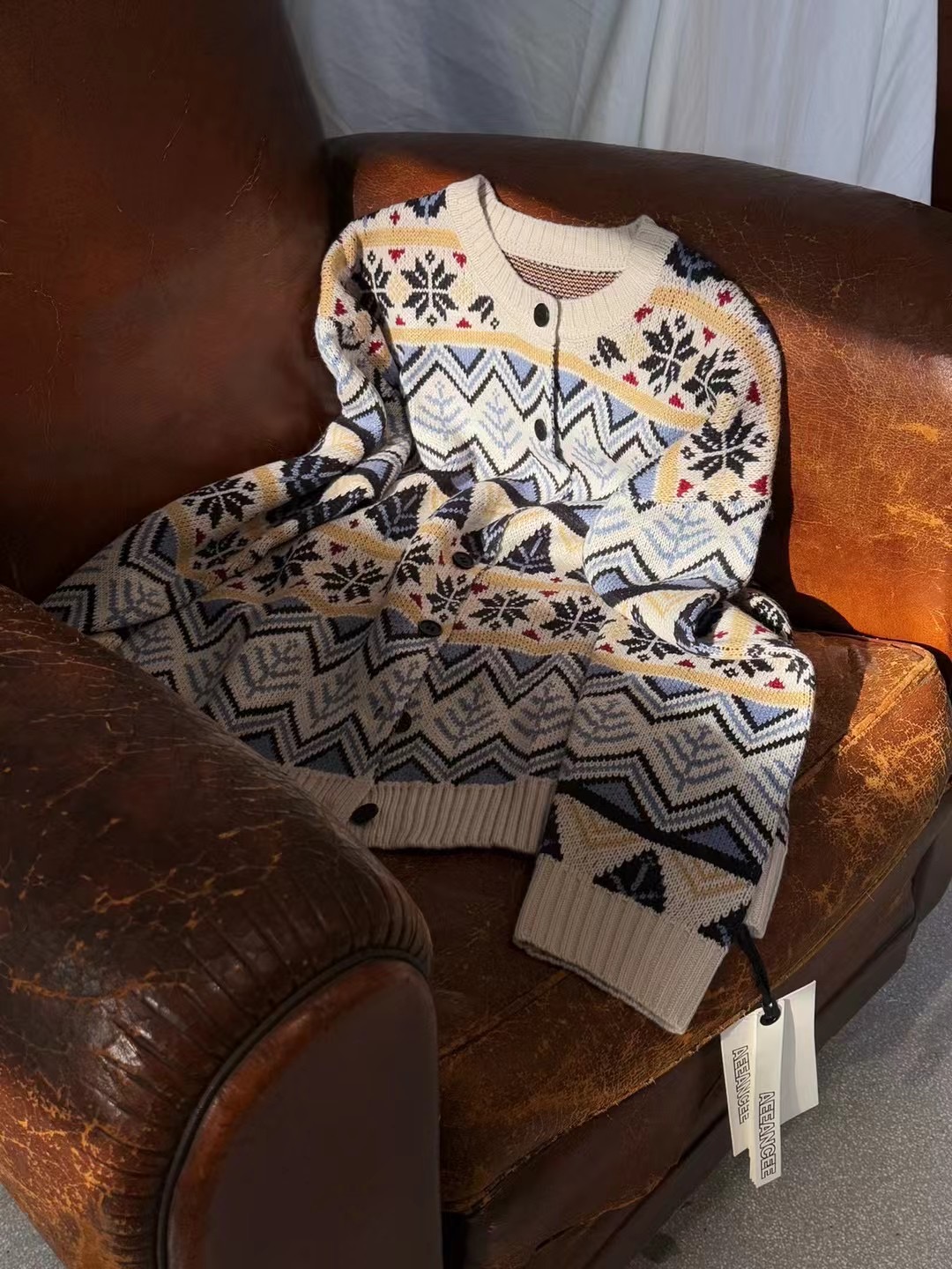 小众潮牌 复古羊毛 菱形格纹针织开衫女 宽松圆领毛衣外套上衣