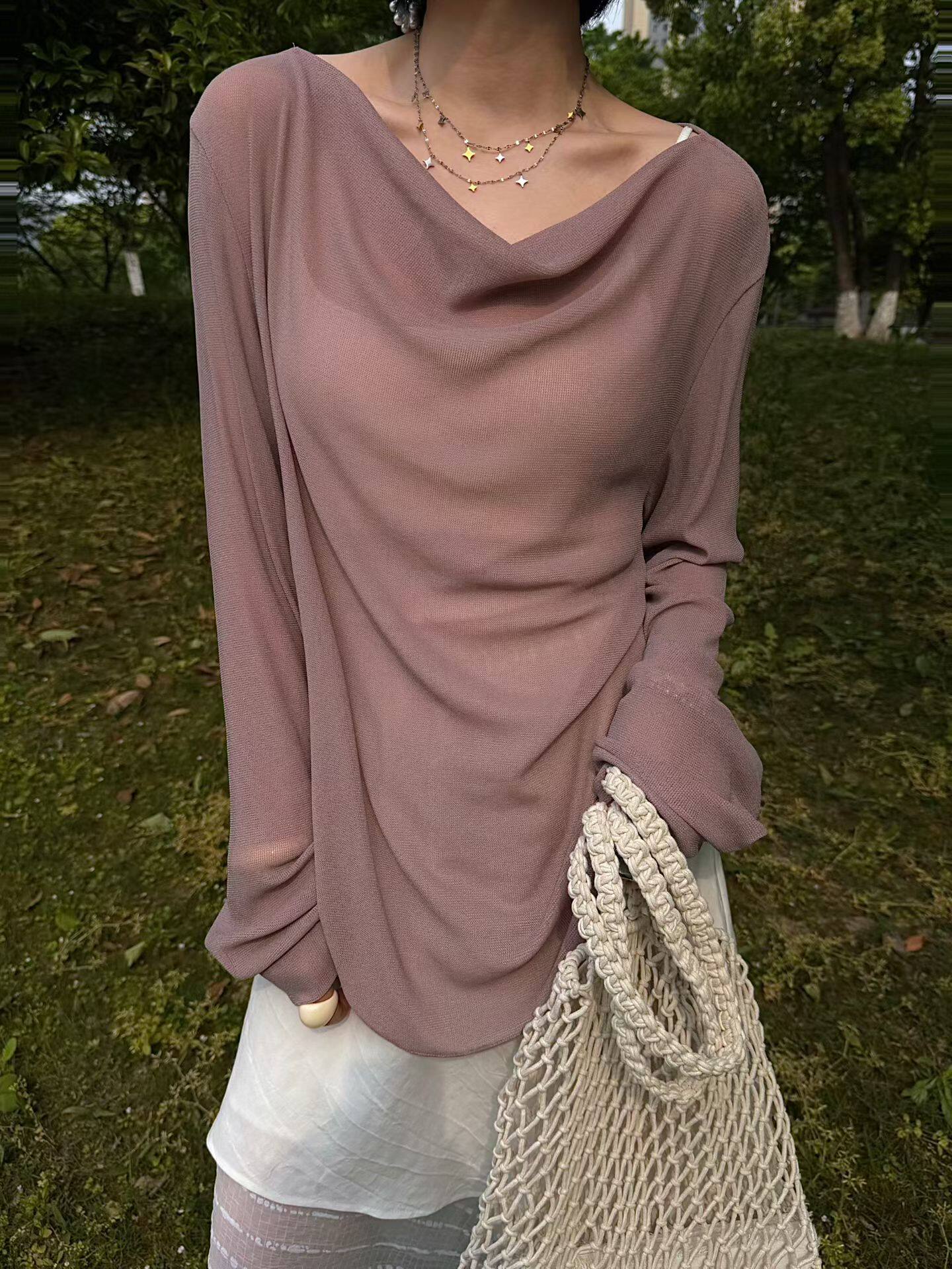 设计师系列 上身舒服惨！微透视 网纱荡领长袖T恤女 显瘦上衣慵懒