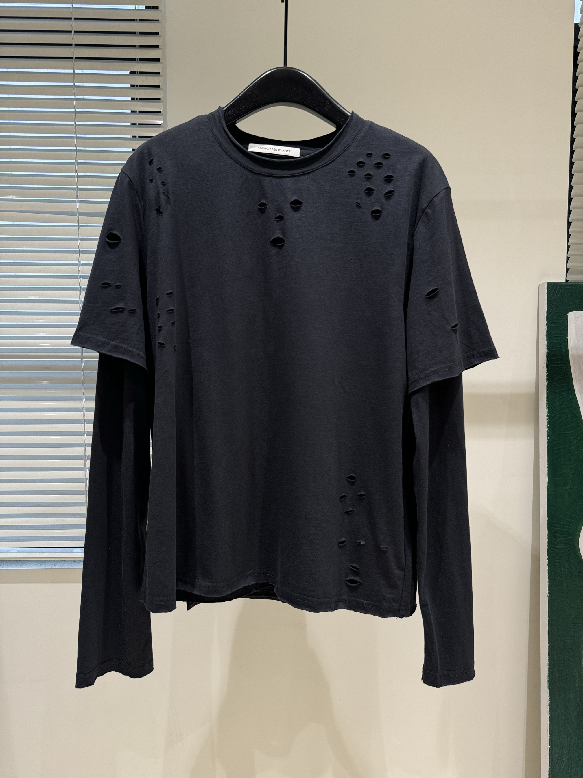 小众设计师 水洗做旧 破洞 休闲宽松 街头圆领 短袖 长袖T恤F