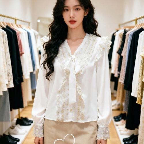 映氏ins女装专柜国内代购2021春421137504蕾丝拼接金边长袖衬衫