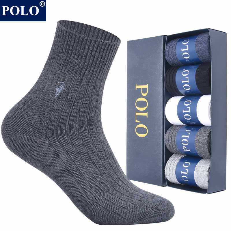 polo袜子男纯棉商务袜秋冬厚款保暖防臭吸汗黑色正装皮鞋中筒棉袜