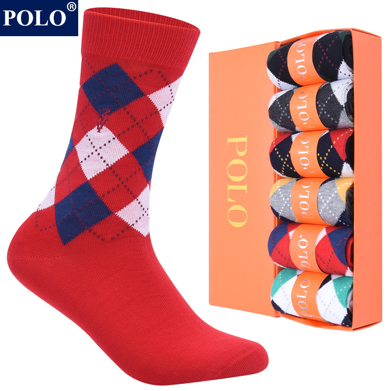 polo袜子女纯棉高筒袜秋冬季菱形格英伦情侣防臭保暖长袜礼盒装潮