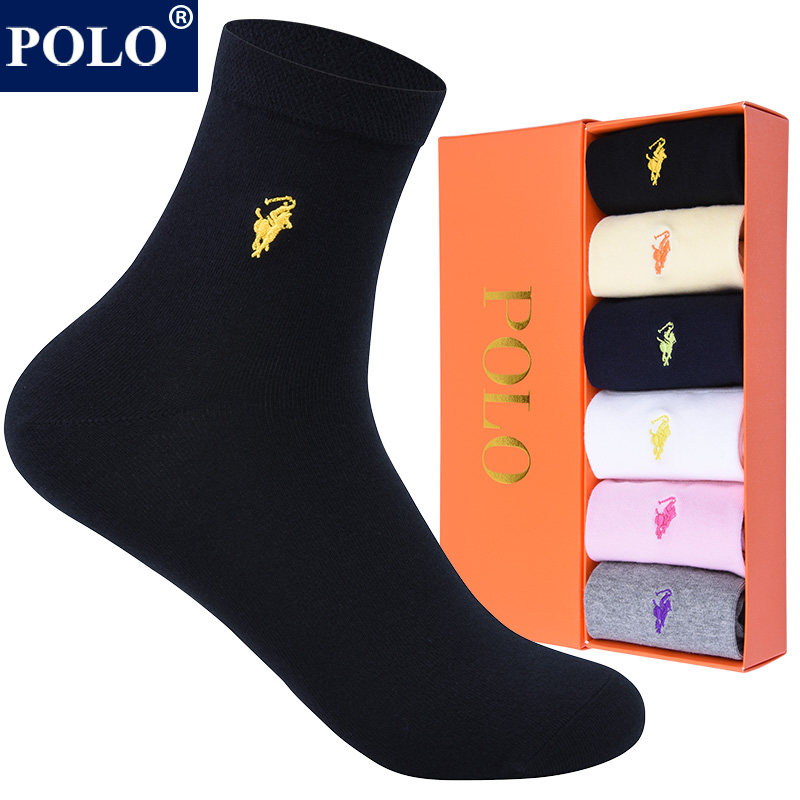 polo袜子女纯棉吸汗黑色中筒袜秋冬四季防臭纯色休闲运动棉袜礼盒
