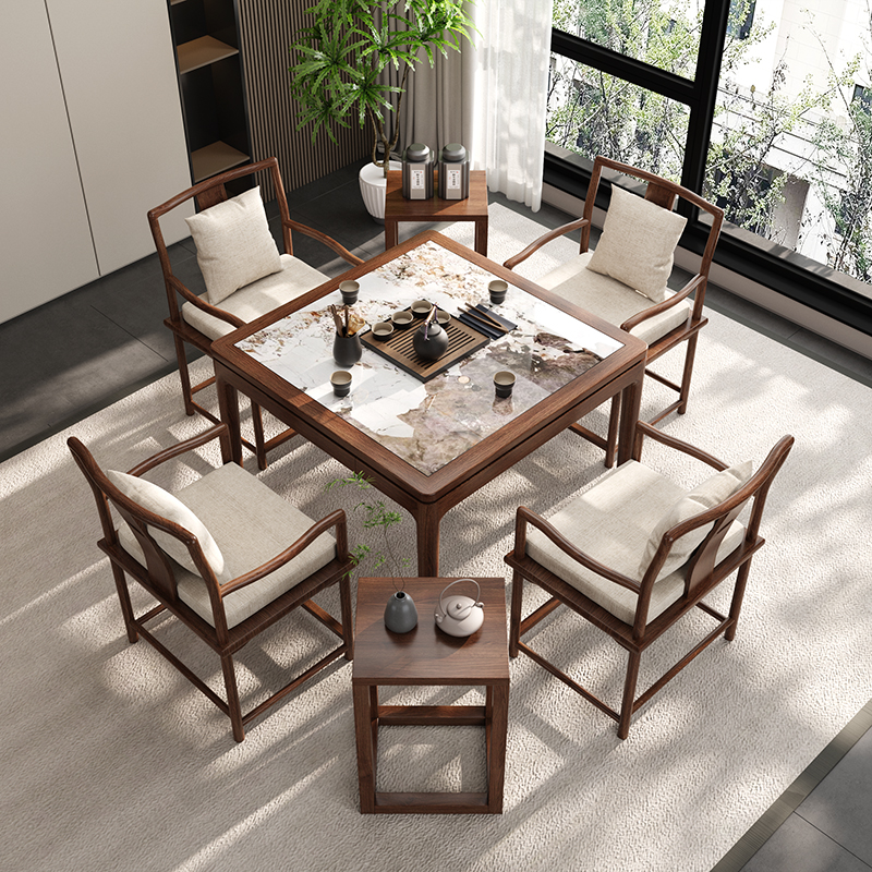 新中式实木掼蛋桌棋牌方桌正方形家用现代简约轻奢岩板餐桌八仙桌