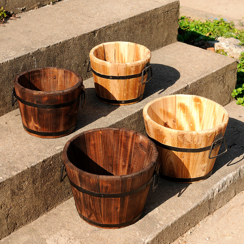 热销木桶木质多肉小花盆原木碳化防腐石斛兰花实木花槽壁挂式花器