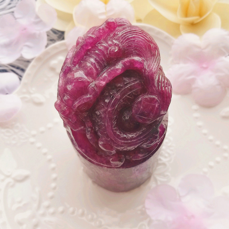 380克天然巴西老坑料紫红碧玺大印章玉玺龙吐水摆件