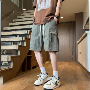 工装短裤男夏季薄款美式纯棉运动裤子男生宽松灰色休闲裤五分裤男