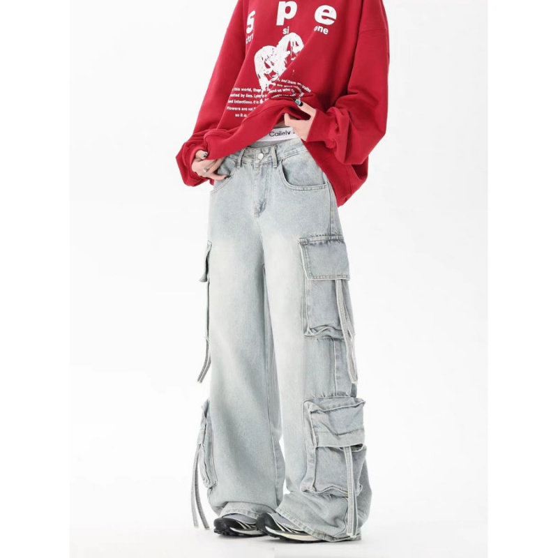 美式复古多口袋水洗直筒工装牛仔裤男女街头宽松直筒休闲阔腿潮牌