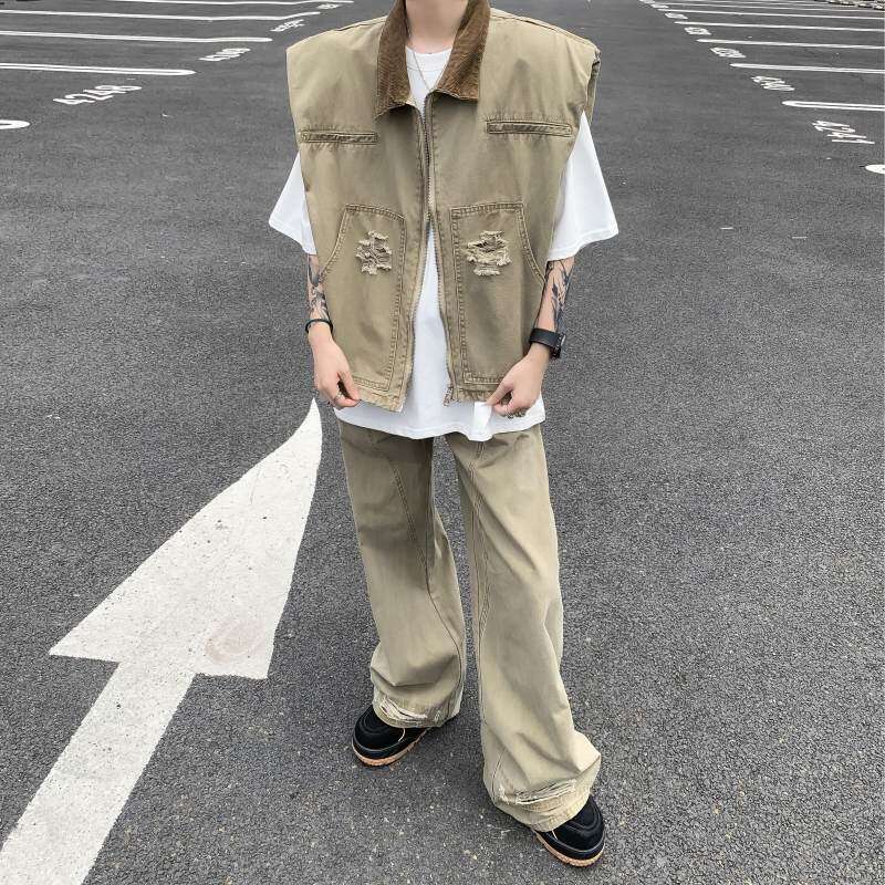 美式潮牌复古破洞水洗工装裤男高街宽松设计小众牛仔裤百搭卡其色