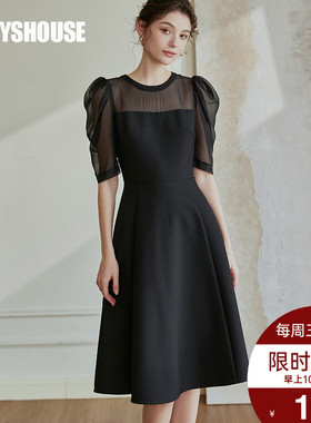 罗衣优雅拼接玻璃纱连衣裙女2023夏装新款黑色泡泡袖大摆裙08099