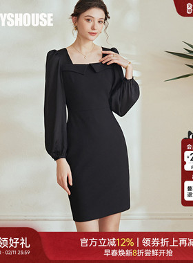 罗衣气质缎面拼接连衣裙女2025秋季新款黑色方领泡泡袖裙子08146