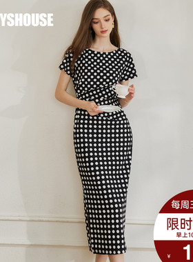 罗衣高级性感针织连衣裙女2025夏季新款复古波点修身中长裙10595