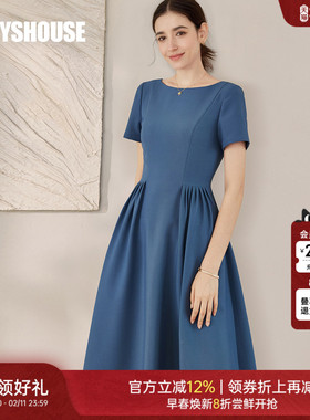 罗衣知性蓝色褶皱大摆连衣裙女2025夏新款简约圆领短袖裙子08500