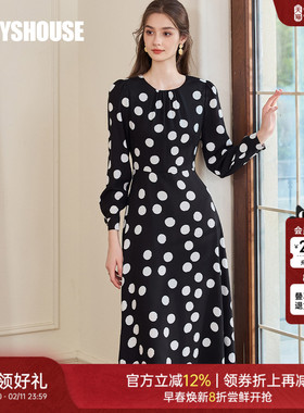 罗衣气质复古波点连衣裙女2025秋季新款法式收腰大摆中长裙11017