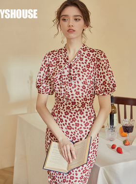 罗衣复古印花雪纺连衣裙女2024夏装新款法式修身泡泡袖裙子01831