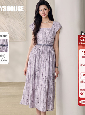 罗衣法式方领醋酸连衣裙女夏时尚复古浅紫色波点系带大摆裙12421