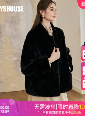 罗衣时尚黑色皮毛一体外套女2025冬季羊羔毛保暖环保皮草11331