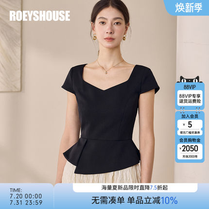 罗衣时尚黑色方领衬衫2025夏季新款小众设计感衬衣收腰上衣12175