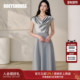 罗衣高级通勤浅灰蓝连衣裙2025夏季 新款 优雅荡领缎面大摆裙12102