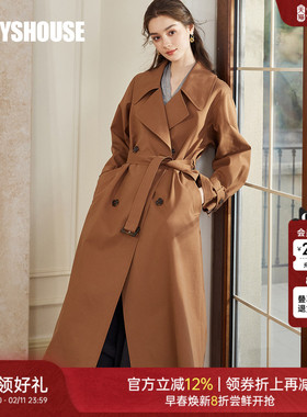 罗衣高级感通勤咖色风衣女2025冬季新款时尚系带中长款外套11026