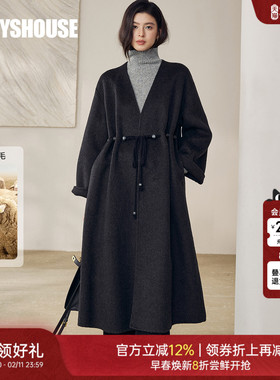 罗衣100%绵羊毛双面毛呢大衣女冬季简约深灰色系带收腰外套12954