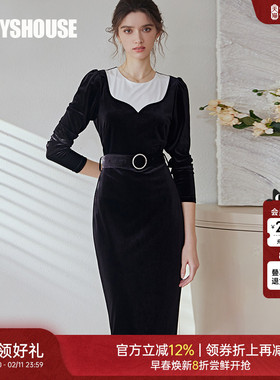 罗衣知性复古拼接丝绒连衣裙女春季优雅泡泡袖修身中长裙子05950