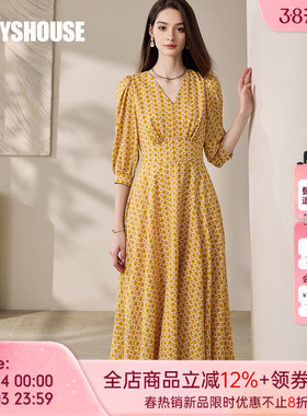 罗衣法式花色收腰连衣裙2025秋季新款休闲度假大摆开叉裙子11719