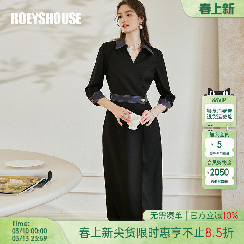 罗衣知性拼接仿牛仔连衣裙女春季黑色丹宁修身显瘦中长裙子09933