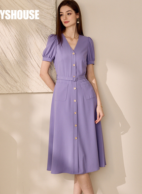 wp罗衣气质泡泡袖大摆连衣裙2025夏季新款通勤V领紫色中长裙11831