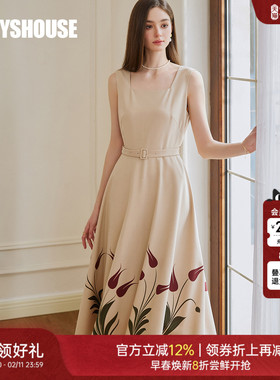 罗衣优雅印花无袖连衣裙2024夏季新款气质卡其色系带大摆裙10358
