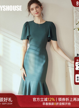 罗衣优雅荷叶袖连衣裙女2025夏装新款绿色修身鱼尾摆中长裙06274