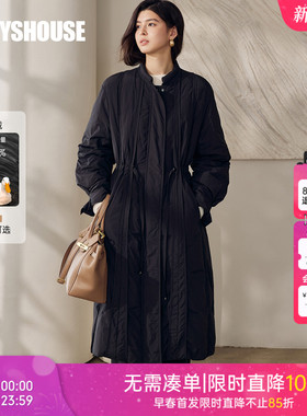 罗衣90%鸭绒拉链黑色中长款保暖羽绒服冬抽绳收腰显腰线外套13170