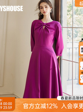 罗衣减龄蝴蝶结镂空大摆连衣裙女春季时尚不规则玫红色裙子10918