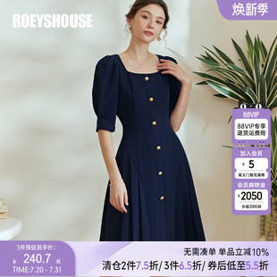 罗衣知性方领泡泡袖 深蓝色通勤百褶裙08173 连衣裙女2025夏装 新款
