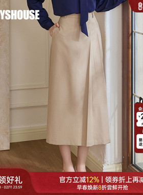 罗衣休闲时尚浅卡其半身裙2025秋季新款气质褶皱修身中长裙11064
