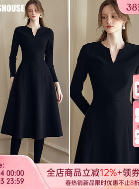 罗衣经典赫本风黑色大摆连衣裙女春季时尚收腰针织打底裙子09737