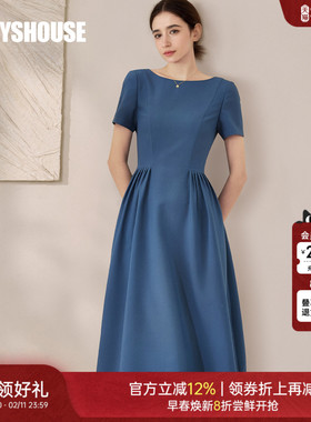 罗衣设计感收腰连衣裙女2025夏季新款时尚蓝色短袖大摆裙子08500